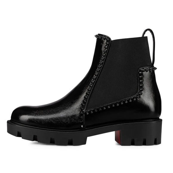 Christian Louboutin Out Lina Spike Lug Flat Black Patent Chelsea Ankle Boot 38.5 - Picture 7 of 12